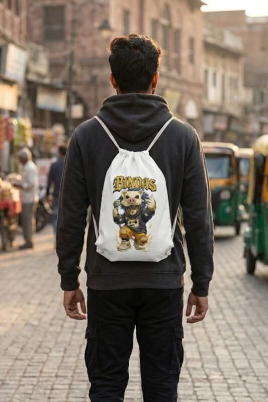 A person from behind wearing a white canvas drawstring backpack featuring a bold BINDAS anime graphic while walking on a city street.
