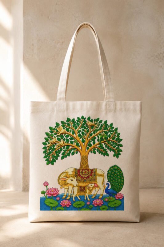 Off-white canvas tote bag printed with traditional Pichwai Tree of Life, sacred Kamadhenu cow and calf, dancing peacock, and pink lotus pond with zipper closure.