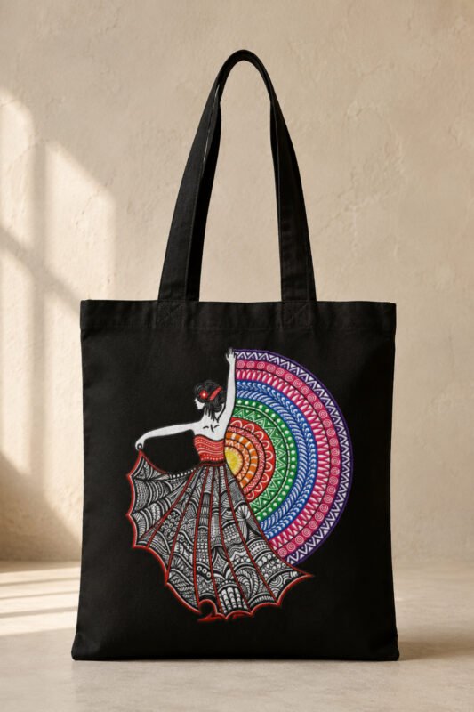 Black heavyweight canvas tote bag featuring an artistic traditional Indian dancer with colorful concentric mandala fan print and secure zipper closure.