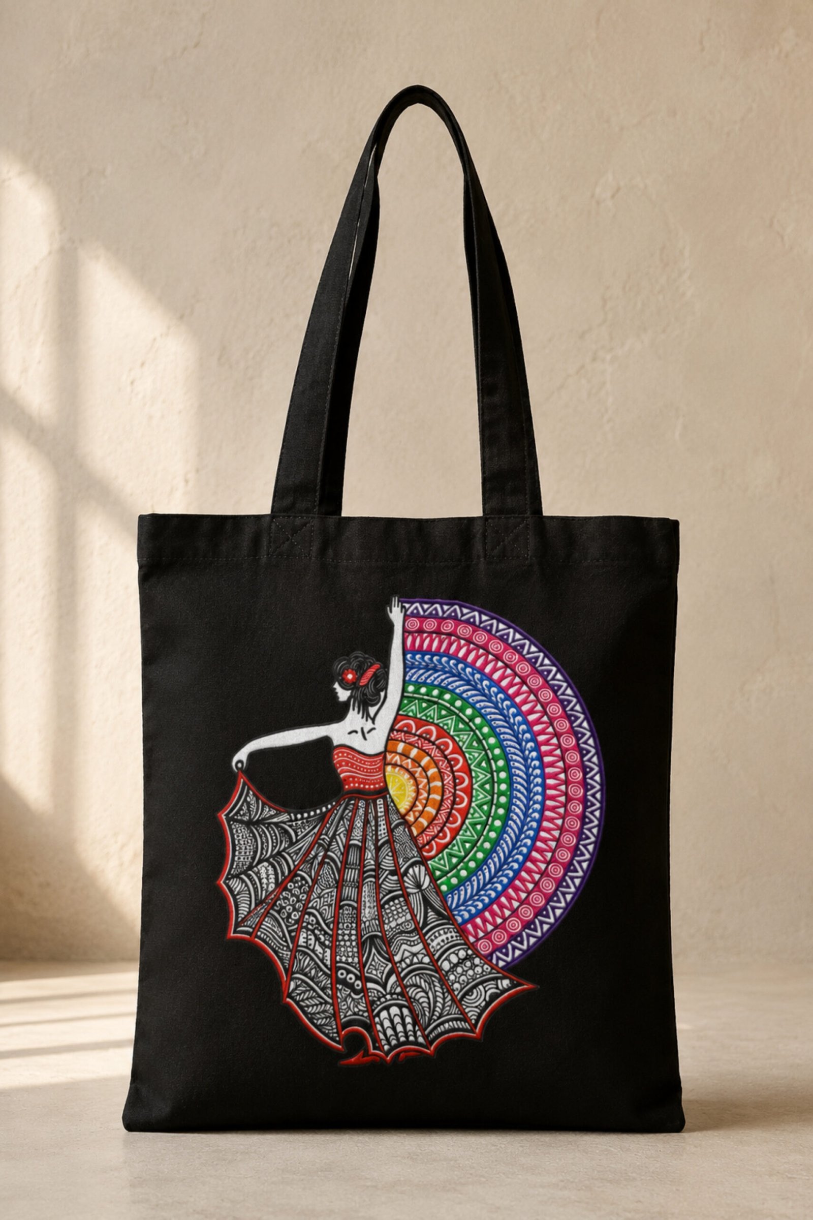 1 Black heavyweight canvas tote bag featuring an artistic traditional Indian dancer with colorful concentric mandala fan print and secure zipper closure.