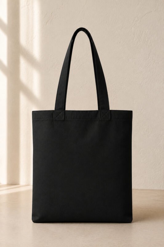 Back view of plain black heavyweight canvas tote bag showing clean finish, reinforced double shoulder straps, and durable structure