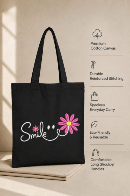 Product feature infographic for black canvas tote bag highlighting premium cotton fabric, zip closure, and reinforced handles