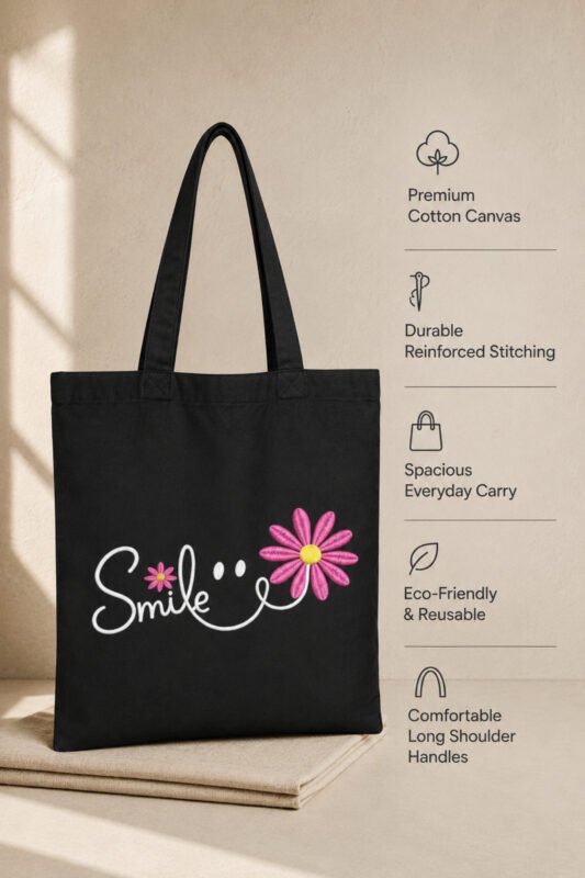 Product feature infographic for black canvas tote bag highlighting premium cotton fabric, zip closure, and reinforced handles