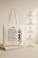 Product feature infographic for off-white canvas tote bag highlighting 100% premium cotton canvas, secure zipper closure, reinforced handles, and spacious dimensions