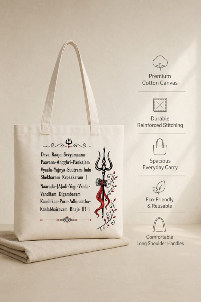 Product feature infographic for off-white canvas tote bag highlighting 100% premium cotton canvas, secure zipper closure, reinforced handles, and spacious dimensions