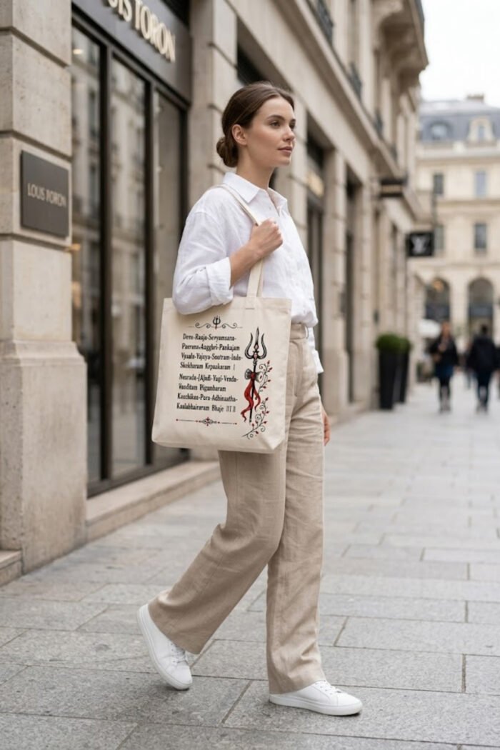 Woman carrying off-white canvas tote bag with Lord Shiva Trishul, Damru, and Sanskrit shloka graphic print over shoulder