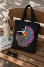 Black Canvas Tote Bag with Colorful Folk Art Print | Aesthetic Everyday Shopping & Office Bag - Image 5