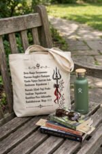 Flat lay lifestyle view of off-white canvas tote bag featuring Kalabhairava Ashtakam Sanskrit stotra and Trishul artwork on a wooden surface
