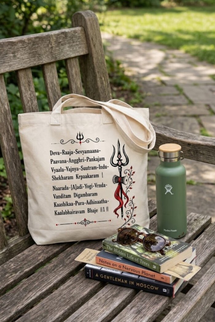 Flat lay lifestyle view of off-white canvas tote bag featuring Kalabhairava Ashtakam Sanskrit stotra and Trishul artwork on a wooden surface