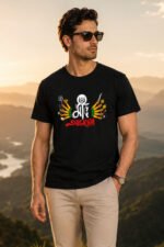 Front angle view of male model wearing black Durga Puja special Bengali graphic t-shirt with Maa typography and Trishul design.