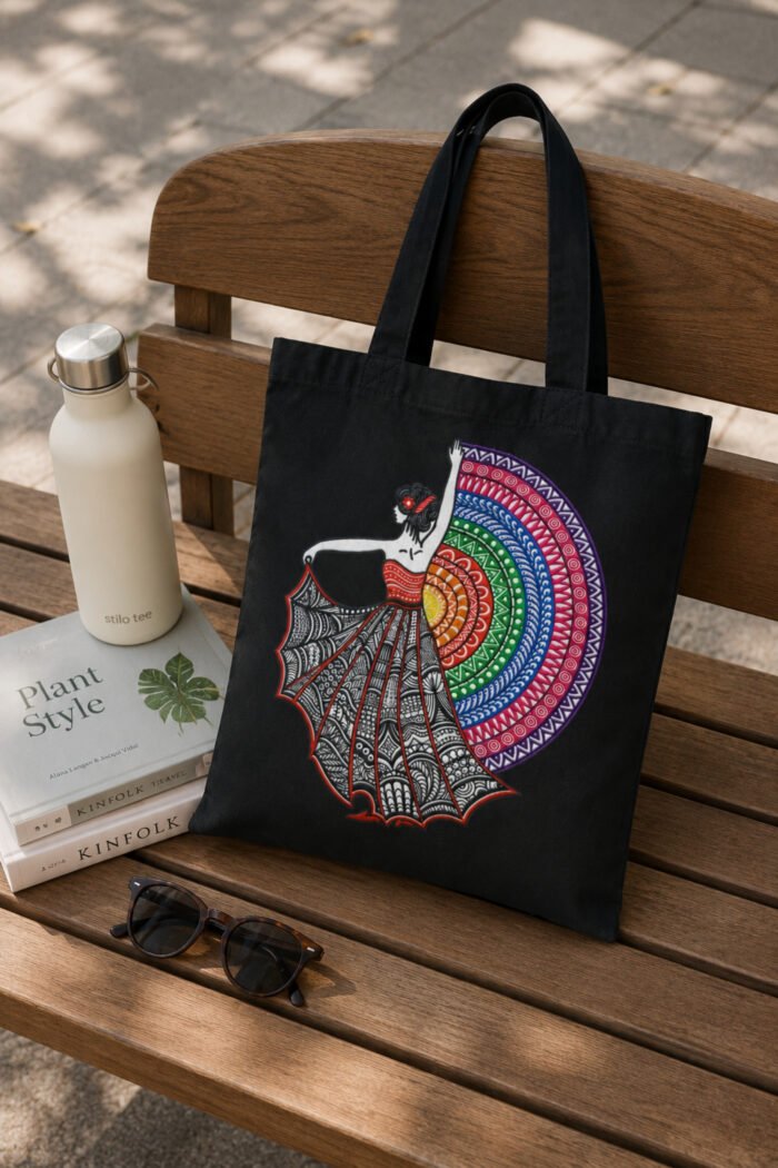Black Canvas Tote Bag with Colorful Folk Art Print | Aesthetic Everyday Shopping & Office Bag - Image 5