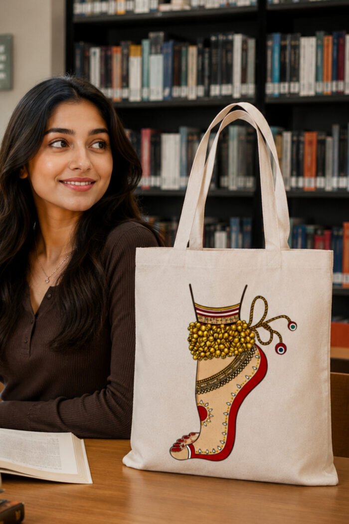 Woman holding off-white Ghungroo and Alta classical dance graphic canvas tote bag outdoors for college and daily shopping