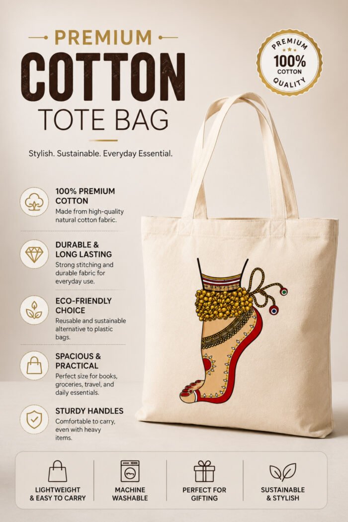 Product feature infographic for off-white canvas tote bag highlighting 100% premium cotton canvas, secure zipper closure, and heavy-duty reinforced handles