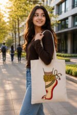 Woman carrying off-white canvas tote bag printed with Indian classical dancer feet, red alta, and golden ghungroo bells over shoulder