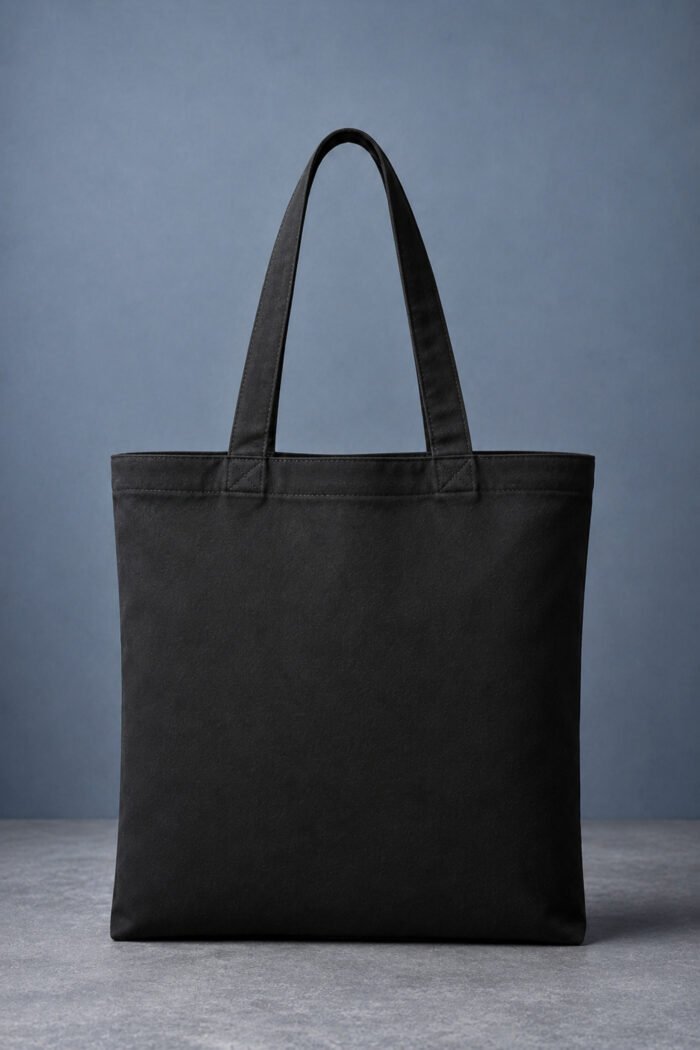Plain back view of cute chibi white kitten black canvas tote bag with reinforced handles