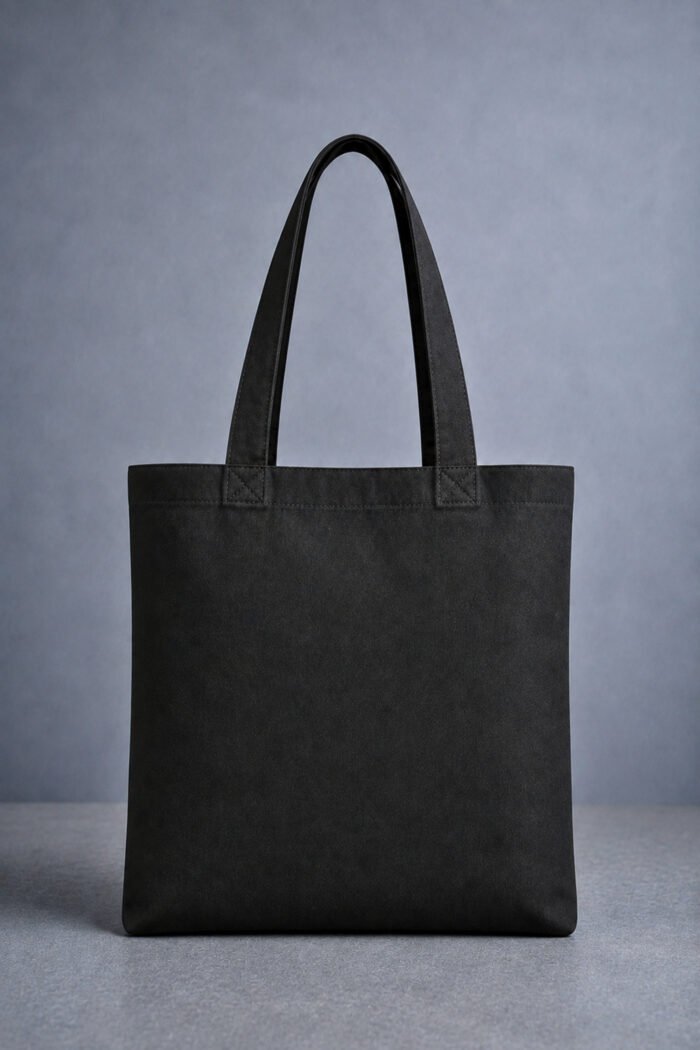Plain back view of midnight black heavyweight canvas tote bag with reinforced dual shoulder straps