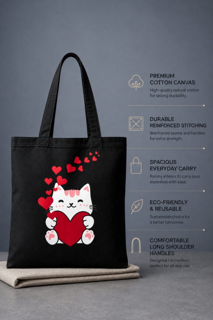 Cute chibi white kitten black canvas tote bag features and dimensions specification chart