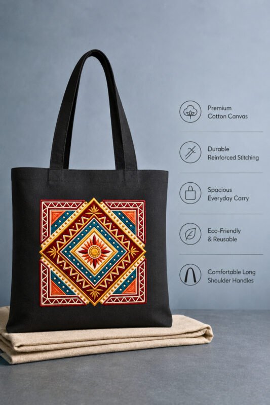 Bohemian folk art print black canvas tote bag shown with fabric features, dimensions, and specifications chart