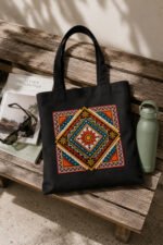 Bohemian Geometric Folk Art Print Tote Bag, 100% Cotton Canvas Aesthetic Shoulder Bag - Image 4