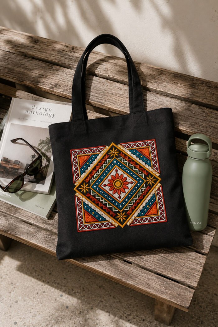 Bohemian Geometric Folk Art Print Tote Bag, 100% Cotton Canvas Aesthetic Shoulder Bag - Image 4