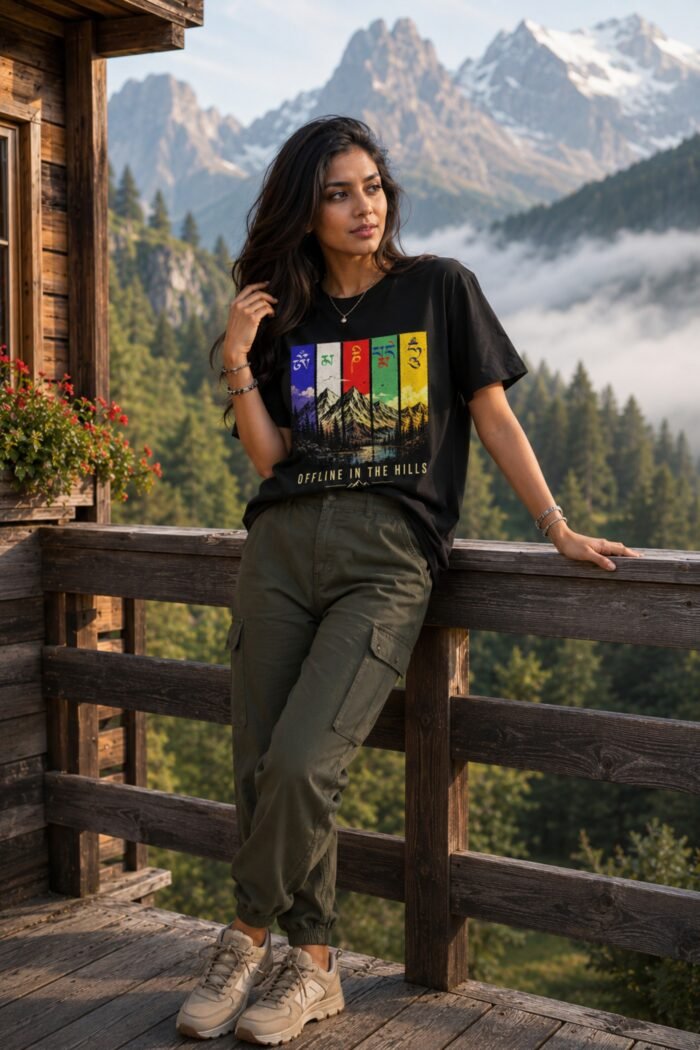 Woman wearing black Mountain Lover T-Shirt with Offline in the Hills print leaning on scenic mountain railing