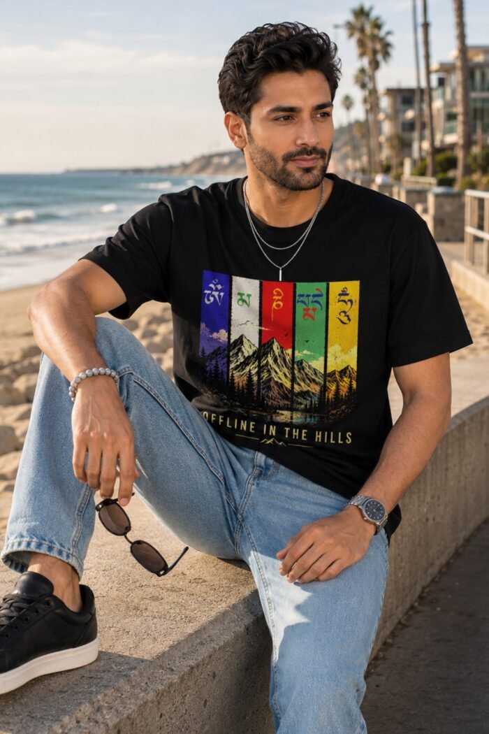 Man sitting outdoors wearing black Mountain Lover T-Shirt with colorful vertical mountain landscape print
