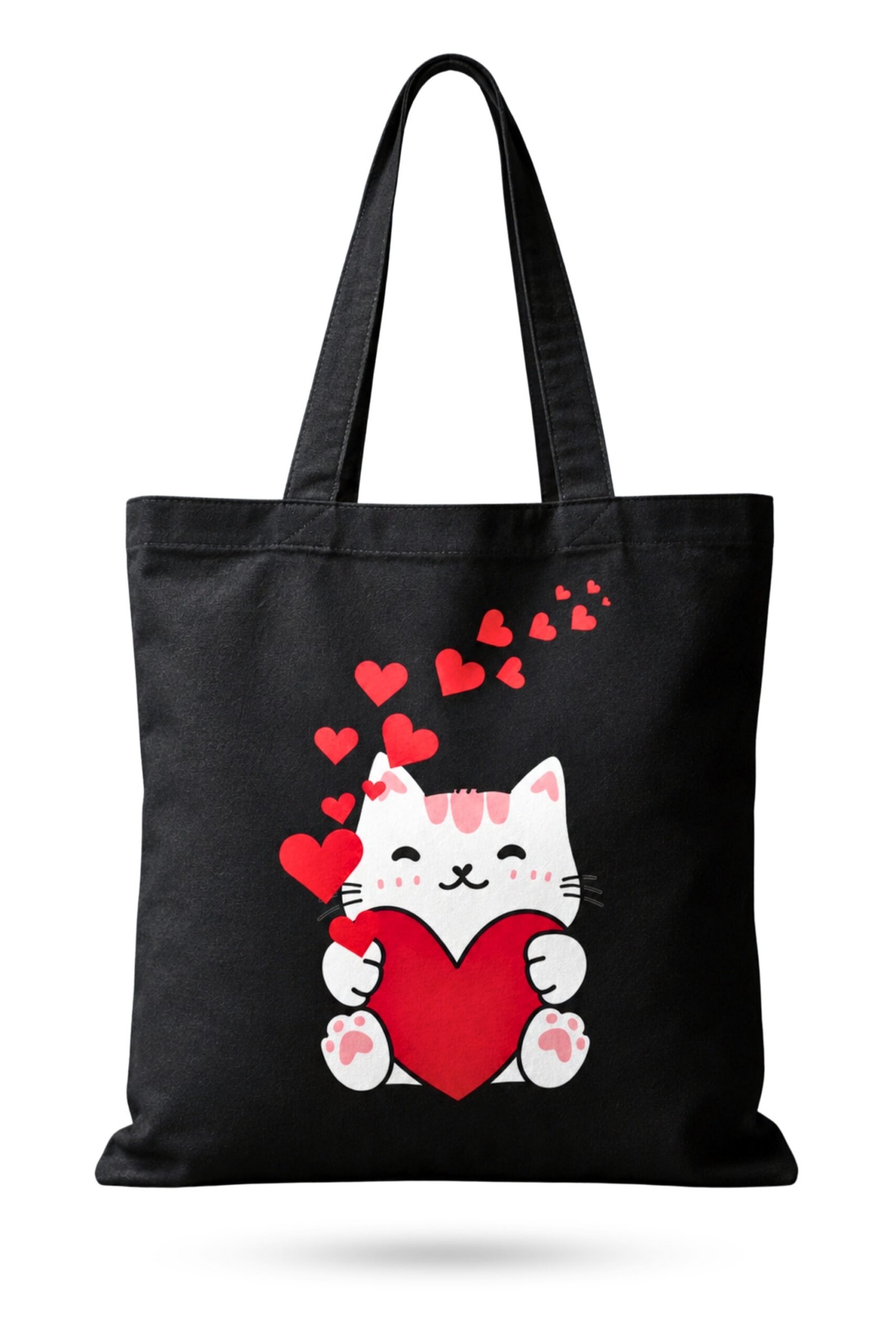 main image Jet black heavy-duty cotton canvas tote bag featuring an adorable white kawaii cat hugging a large red heart with floating heart bubbles and sturdy shoulder straps.