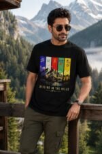 Man wearing black Mountain Lover T-Shirt and sunglasses posing in scenic outdoor mountain setting