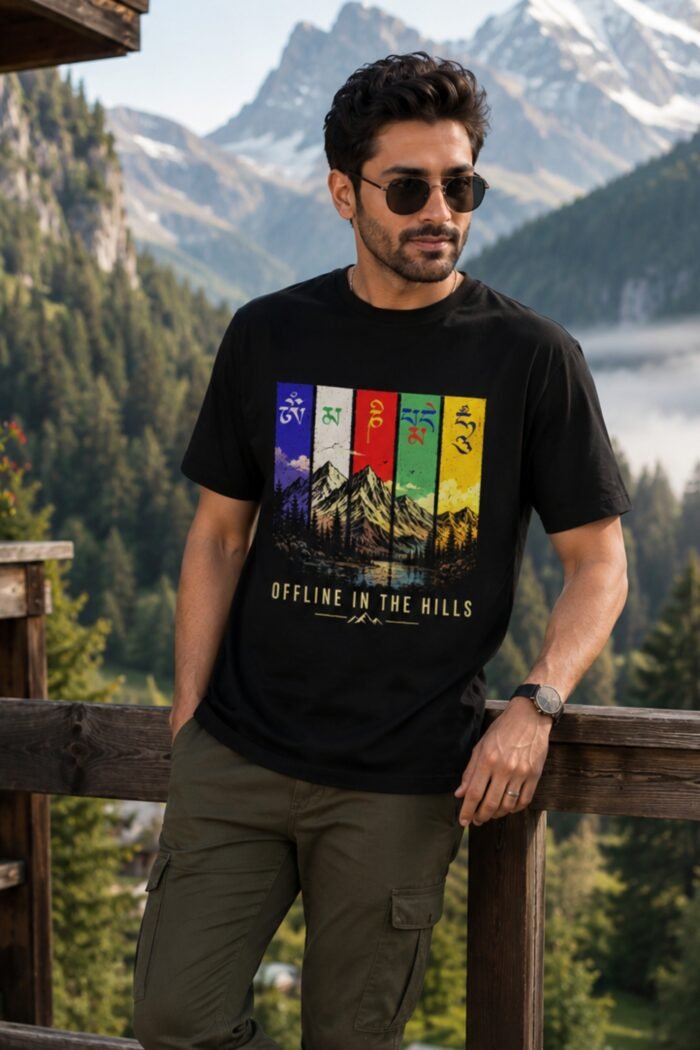 Man wearing black Mountain Lover T-Shirt and sunglasses posing in scenic outdoor mountain setting